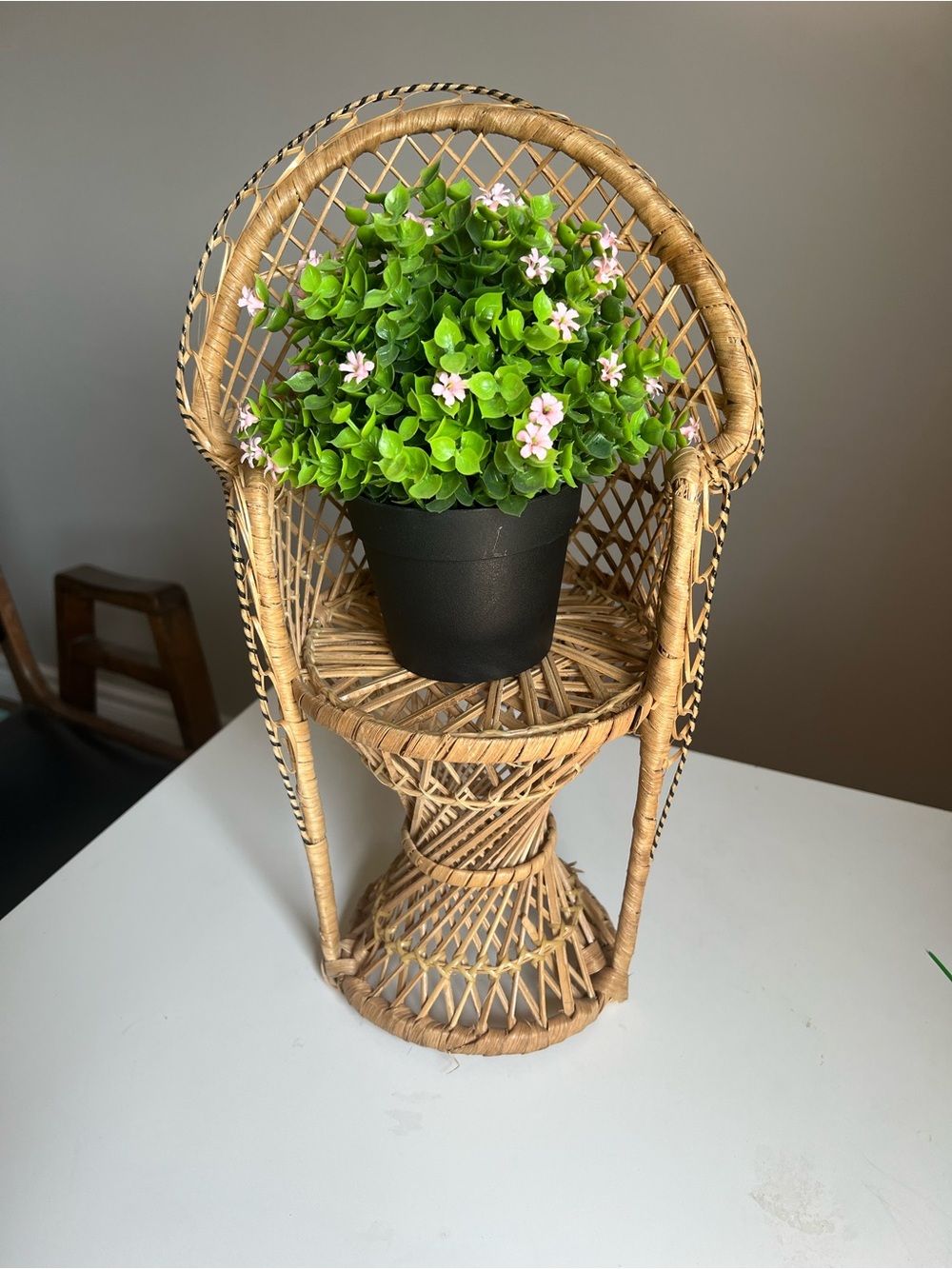 Vintage Wicker Peacock Chair Plant Stand | Boho Rattan Tabletop Planter Holder 1